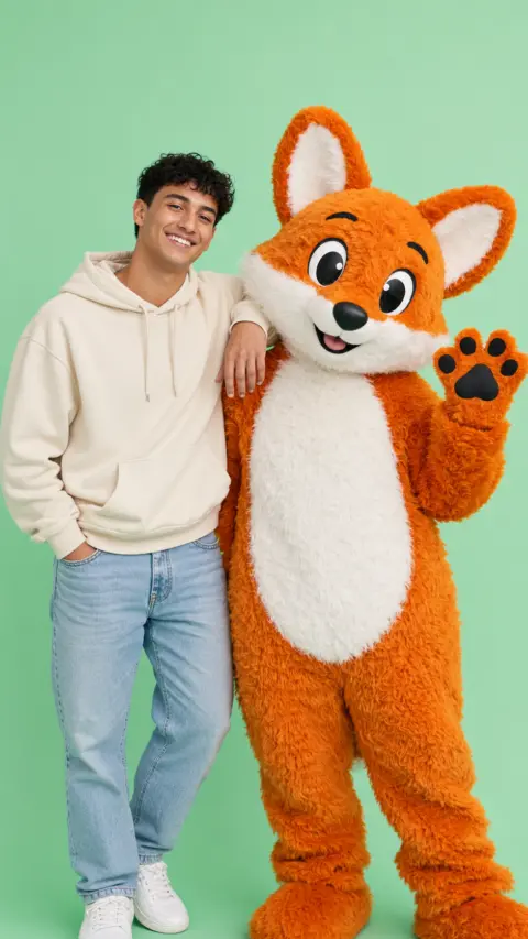 Smiling young man posing with large orange fox mascot on solid green background - AI animal prompt