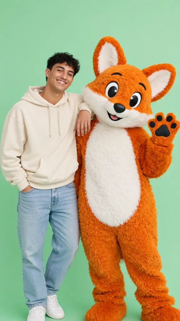 Smiling young man posing with large orange fox mascot on solid green background - ChatGPT prompt