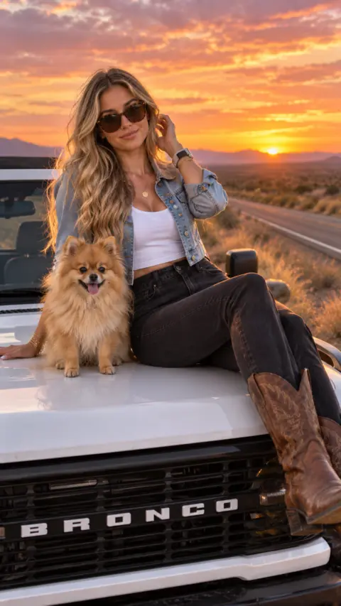 Young blonde woman with dog sitting on white Ford Bronco at sunset - AI animal prompt